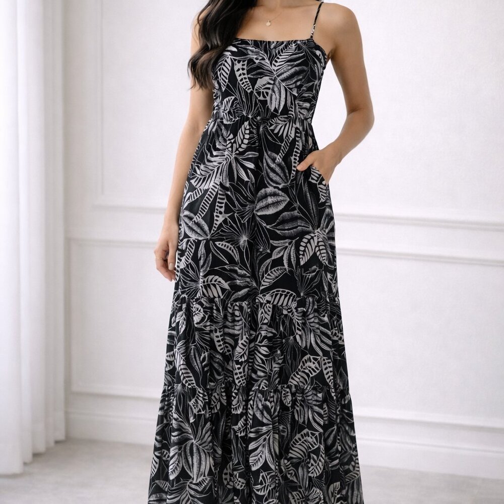 Banana Republic Black and White Leaf Print Maxi Dress